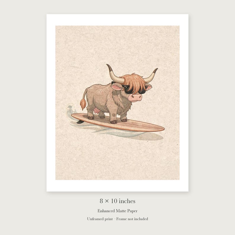 Highland Cow Surfing Art Print, Framed or Unframed Coastal Nursery Poster image 7
