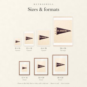 Sizes and formats for St. Augustine Surf Pennant, shown to scale: unframed prints, oak hanger and framed prints.