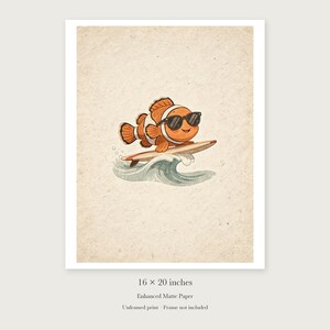 Surfing Clownfish unframed 16 by 20 inch print on enhanced matte paper, shown with its white paper border.