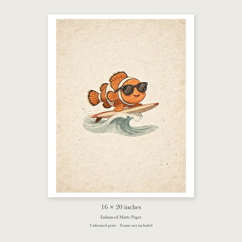 Surfing Clownfish unframed 16 by 20 inch print on enhanced matte paper, shown with its white paper border.