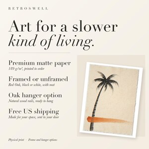 RetroSwell print details for Palm Tree Ink Style: premium 189 g/m² matte paper, framed or unframed, oak hanger option, free US shipping.