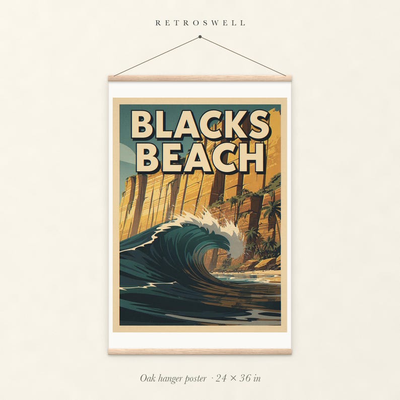 Blacks Beach Surf oak hanger poster, 24 by 36 inches, with natural wood rails and a hanging cord.