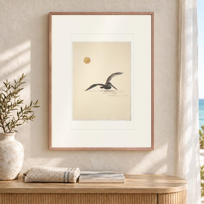 Flying Pelican Ink Style Art Print, Golden Sun Coastal Poster, Framed or Unframed image 12