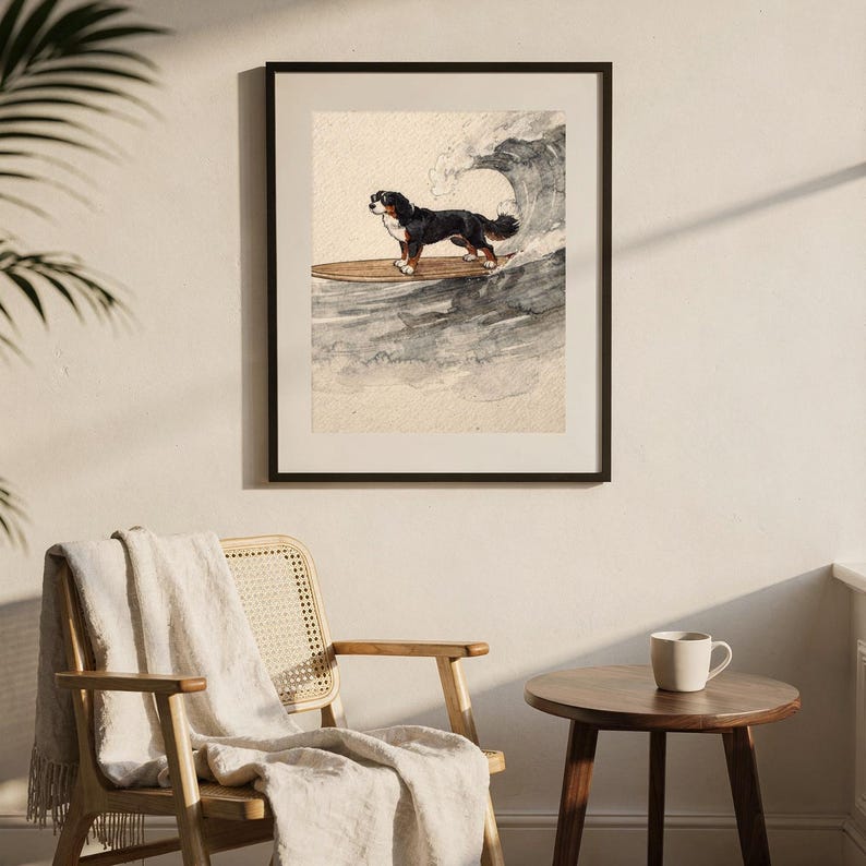 Bernese Mountain Dog Surfing Print | Watercolor Dog Wall Art | Coastal Beach Decor | Printable Download | Berner Gift image 7