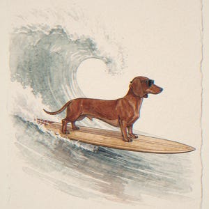 Stampa artistica di un bassotto surfista, con o senza cornice. Poster in stile acquerello con cane. immagine 10