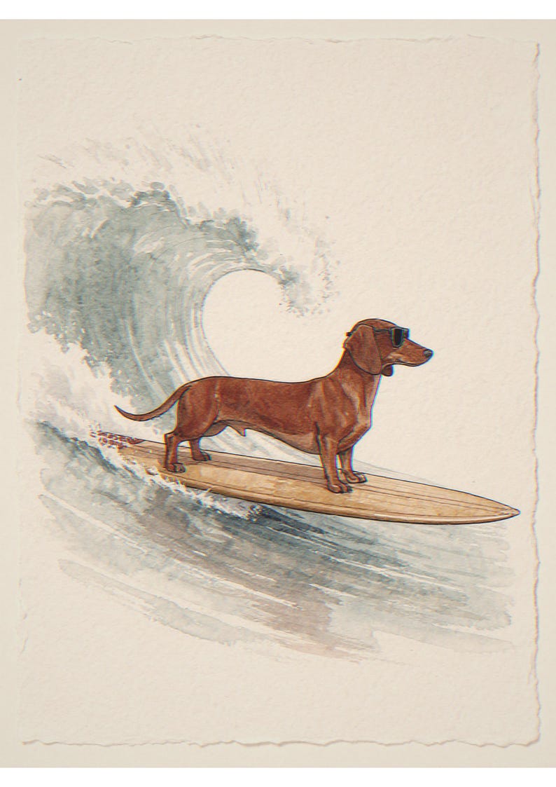 Stampa artistica di un bassotto surfista, con o senza cornice. Poster in stile acquerello con cane. immagine 10