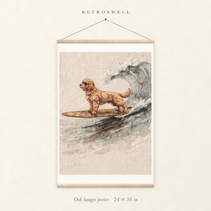 Goldendoodle Surfing oak hanger poster, 24 by 36 inches, with natural wood rails and a hanging cord.