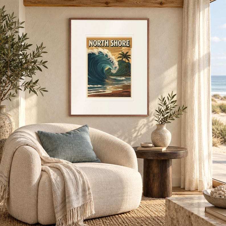 North Shore Surf print in a Red Oak frame with a white mat in a light-filled coastal sitting room.