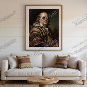 Benjamin Franklin Surfing Print framed in a beach-style living room setting