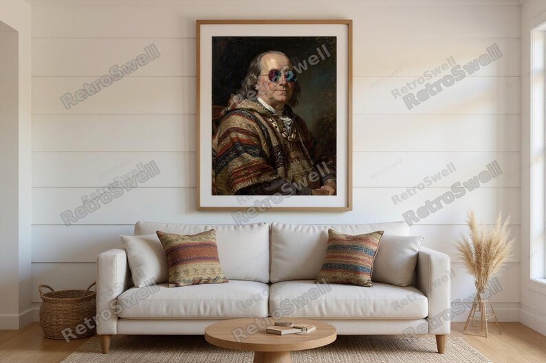 Benjamin Franklin Surfing Print framed in a beach-style living room setting