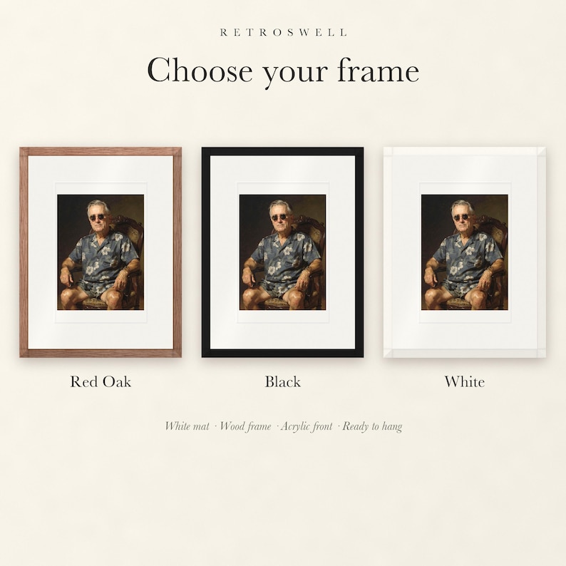 Frame options for Franklin D. Roosevelt Surfer: Red Oak, black and white wood frames, each with a white mat.
