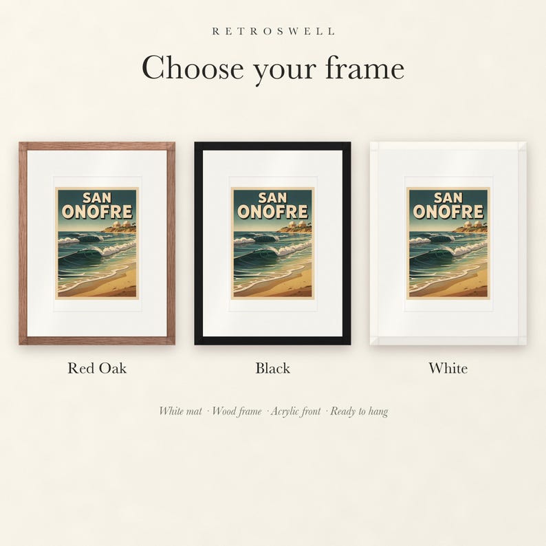 Frame options for San Onofre Surf: Red Oak, black and white wood frames, each with a white mat.
