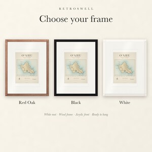 Frame options for Oʻahu Surf Map: Red Oak, black and white wood frames, each with a white mat.