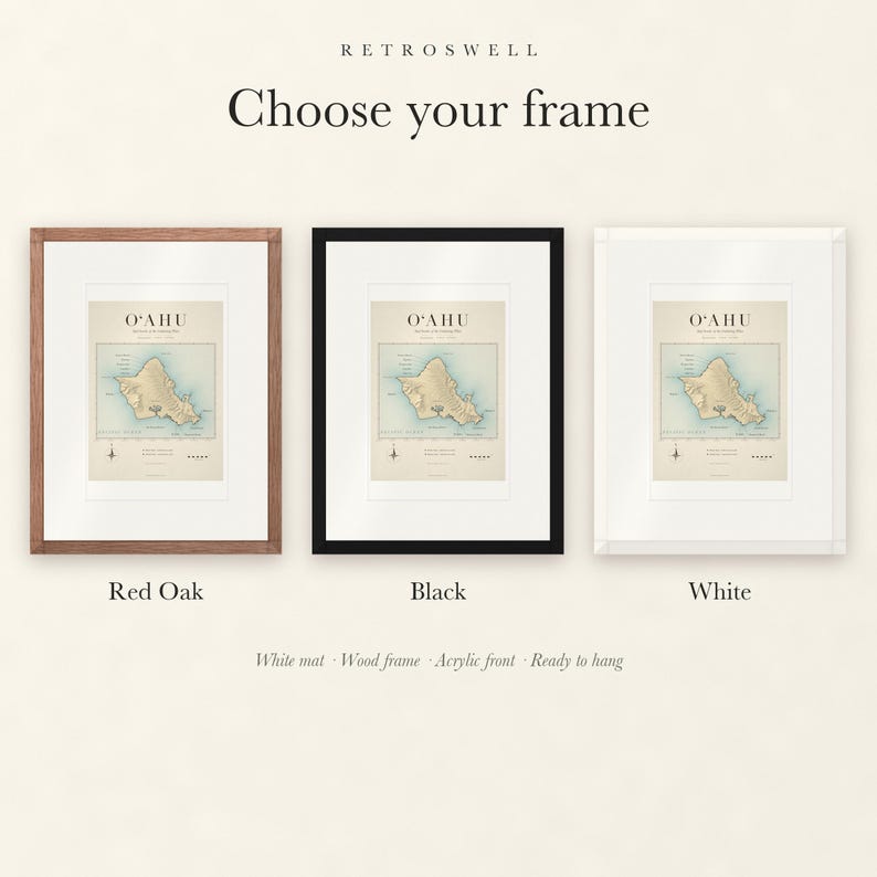 Frame options for Oʻahu Surf Map: Red Oak, black and white wood frames, each with a white mat.