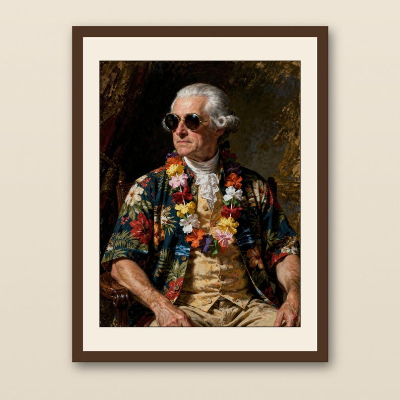 John Adams Surf Art Print - walnut framed art print with cream mat on plaster wall