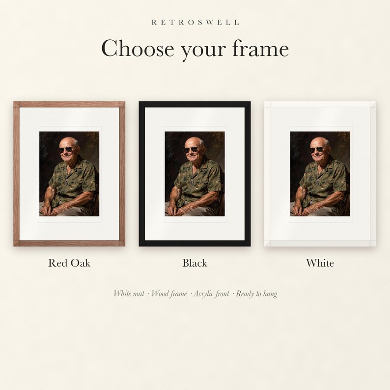 Frame options for Dwight Eisenhower: Red Oak, black and white wood frames, each with a white mat.