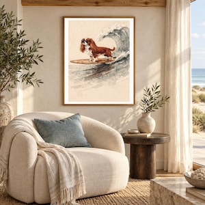 Stampa artistica di un Cavalier King Charles Spaniel che fa surf / Quadro con cane ad acquerello (Download digitale) immagine 5