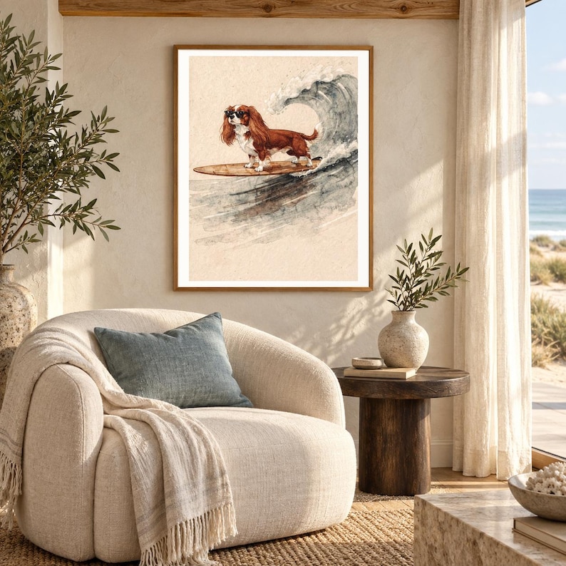 Stampa artistica di un Cavalier King Charles Spaniel che fa surf / Quadro con cane ad acquerello (Download digitale) immagine 5