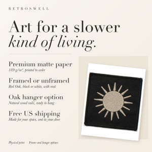 RetroSwell print details for Sun Patch: premium 189 g/m² matte paper, framed or unframed, oak hanger option, free US shipping.