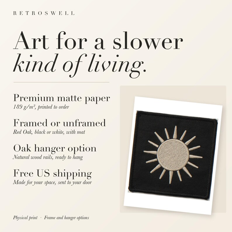 RetroSwell print details for Sun Patch: premium 189 g/m² matte paper, framed or unframed, oak hanger option, free US shipping.