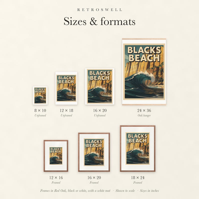 Sizes and formats for Blacks Beach Surf, shown to scale: unframed prints, oak hanger and framed prints.