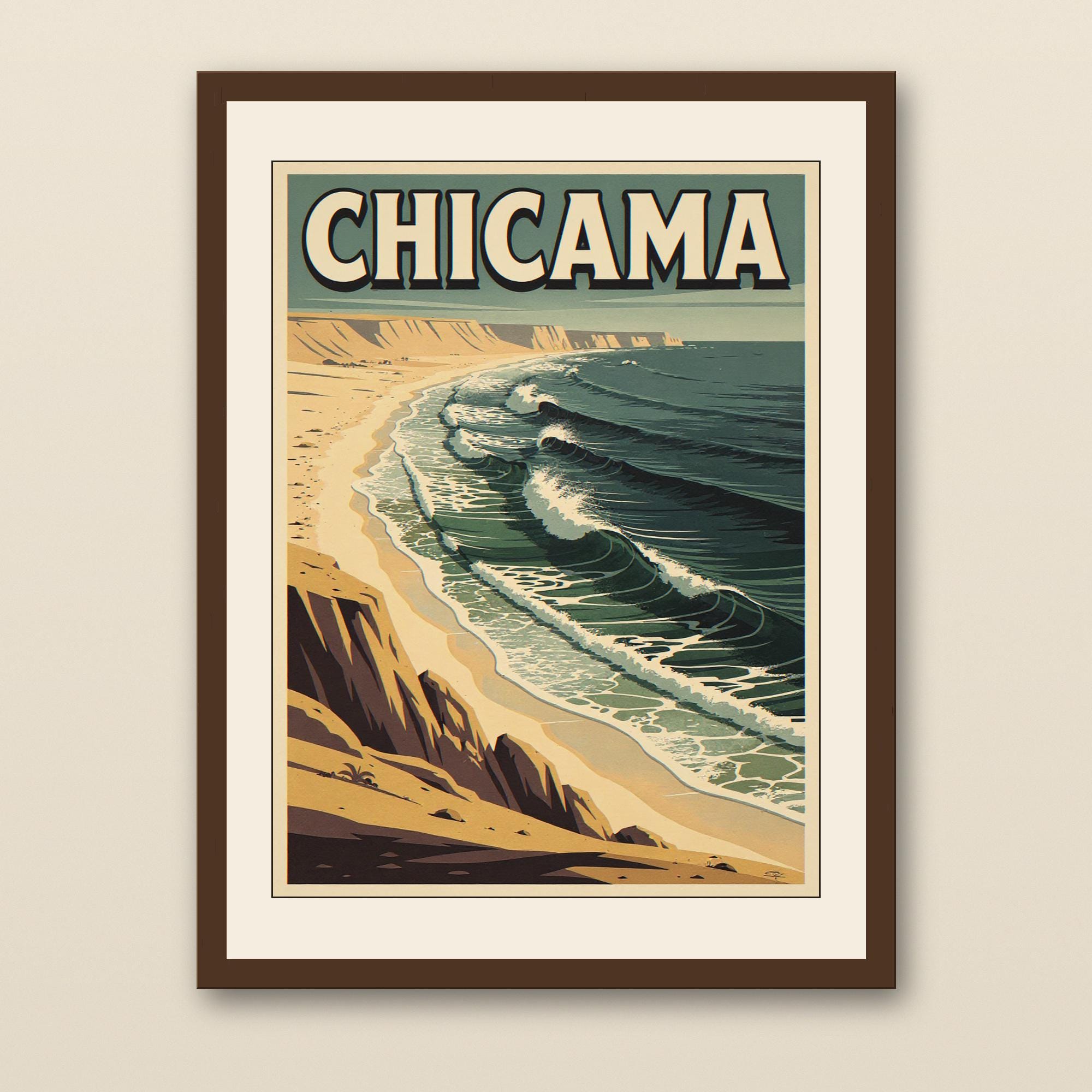 Chicama Peru Surf Poster - walnut framed art print with cream mat on plaster wall