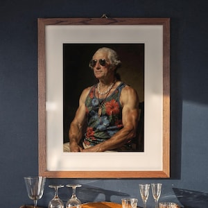 May include: A framed portrait of a person with white hair wearing dark sunglasses, a shell necklace, and a blue tank top with a red and blue floral pattern. The person has a muscular build and is depicted in a seated position against a dark background.