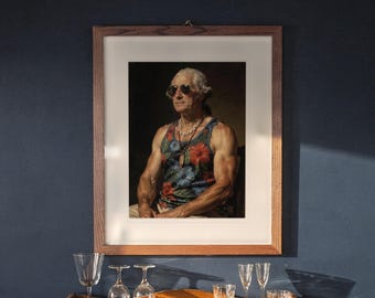 May include: A framed portrait of a person with white hair wearing dark sunglasses, a shell necklace, and a blue tank top with a red and blue floral pattern. The person has a muscular build and is depicted in a seated position against a dark background.
