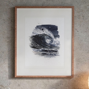Moonlit Wave Watercolor print in a Red Oak frame with a white mat, hanging above the console in a japandi living room.