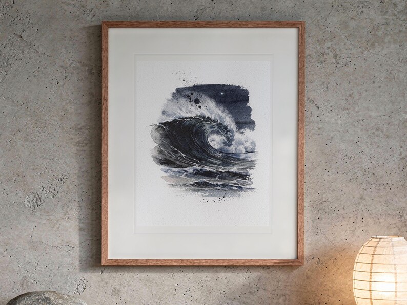 Moonlit Wave Watercolor print in a Red Oak frame with a white mat, hanging above the console in a japandi living room.