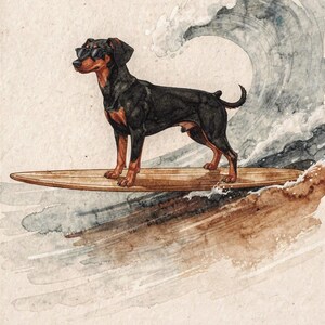 Doberman surfing art, full artwork: watercolor and ink dog in sunglasses on a wooden longboard riding a curling wave.