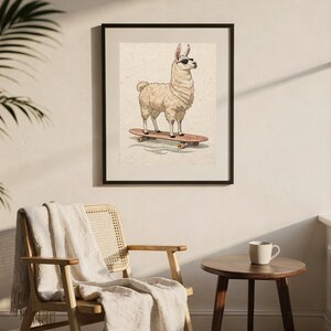 Surfing Llama Print, Cute Llama Watercolor Art, Coastal Nursery Decor, Sepia Ink Animal Illustration, Printable Wall Art Digital Download image 8
