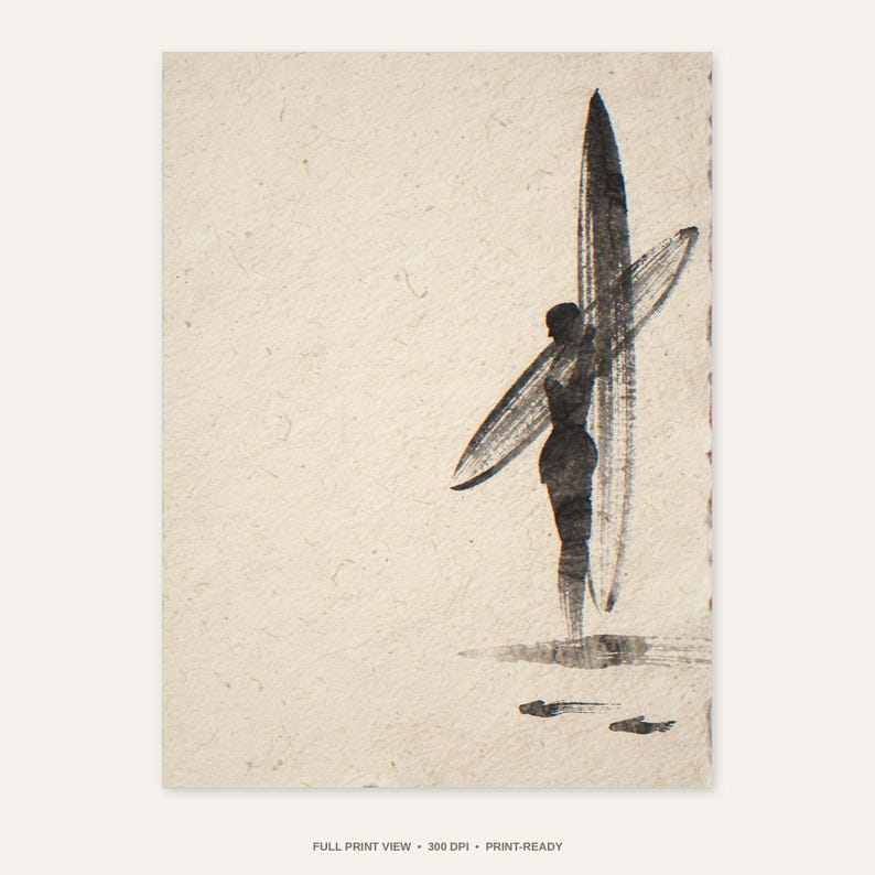 Sumi-e Dawn Patrol Surfer Print - full unframed print view, 300 DPI print-ready quality