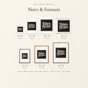 Sizes and formats for Dawn Patrol Patch, shown to scale: unframed prints, oak hanger and framed prints.