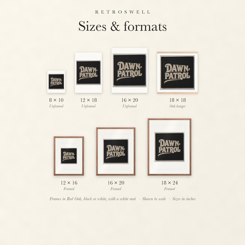 Sizes and formats for Dawn Patrol Patch, shown to scale: unframed prints, oak hanger and framed prints.