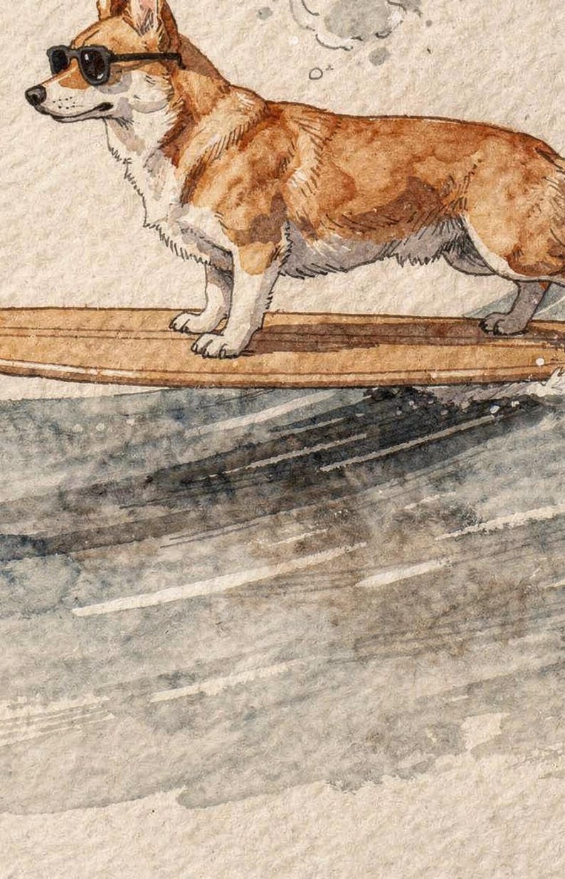 Corgi Surfing Print | Dog Surf Wall Art | Fine Art Coastal Decor | Corgi Lover Gift | Printable Wall Art Digital Download image 4