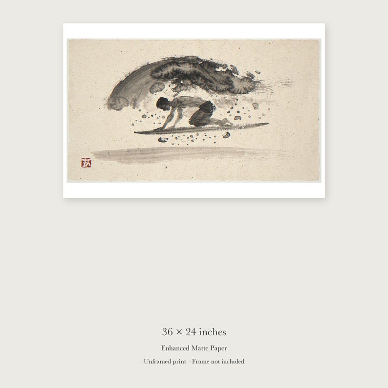 Surfer Duck Dive Xieyi Ink unframed 36 by 24 inch print on enhanced matte paper, shown with its white paper border.