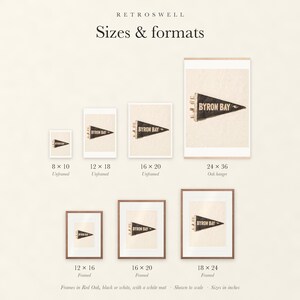 Sizes and formats for Byron Bay Surf Pennant, shown to scale: unframed prints, oak hanger and framed prints.