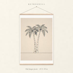 Palm Tree Line oak hanger poster, 24 by 36 inches, with natural wood rails and a hanging cord.