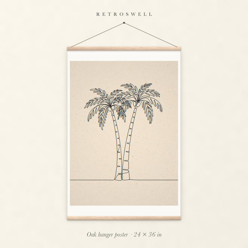 Palm Tree Line oak hanger poster, 24 by 36 inches, with natural wood rails and a hanging cord.