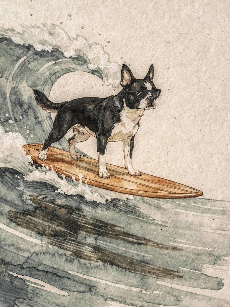 Boston Terrier Surfing Art Print