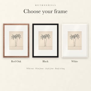 Frame options for Palm Tree Line: Red Oak, black and white wood frames, each with a white mat.