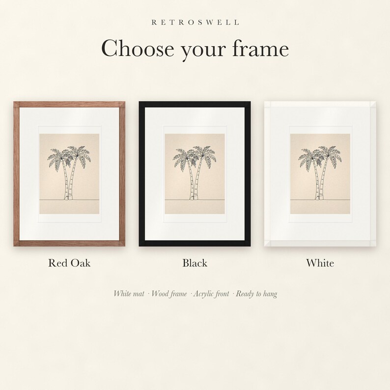 Frame options for Palm Tree Line: Red Oak, black and white wood frames, each with a white mat.
