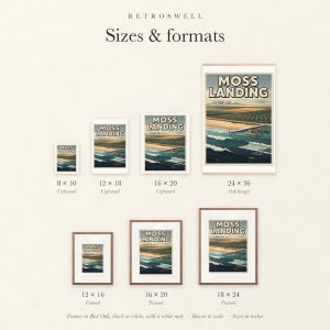 Sizes and formats for Moss Landing Surf, shown to scale: unframed prints, oak hanger and framed prints.