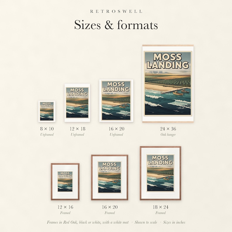 Sizes and formats for Moss Landing Surf, shown to scale: unframed prints, oak hanger and framed prints.