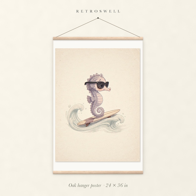Seahorse Surfing oak hanger poster, 24 by 36 inches, with natural wood rails and a hanging cord.