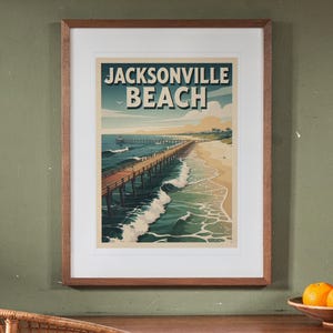 Jacksonville Beach Surf Travel Poster print in a Red Oak frame with a white mat, hanging above the credenza in a mid-century living room.