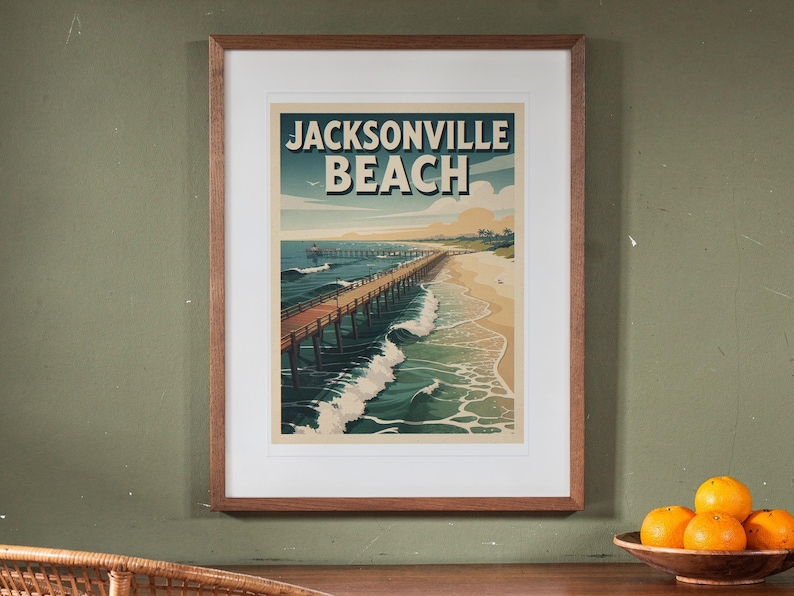 Jacksonville Beach Surf Travel Poster print in a Red Oak frame with a white mat, hanging above the credenza in a mid-century living room.