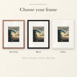 Frame options for Supertubos Surf: Red Oak, black and white wood frames, each with a white mat.