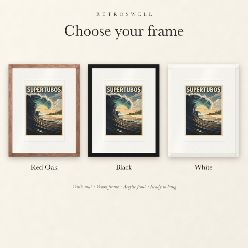 Frame options for Supertubos Surf: Red Oak, black and white wood frames, each with a white mat.